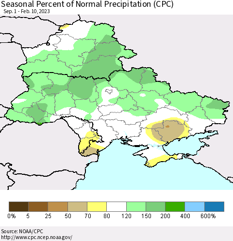 Ukraine, Moldova and Belarus Seasonal Percent of Normal Precipitation (CPC) Thematic Map For 9/1/2022 - 2/10/2023