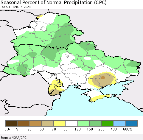 Ukraine, Moldova and Belarus Seasonal Percent of Normal Precipitation (CPC) Thematic Map For 9/1/2022 - 2/15/2023