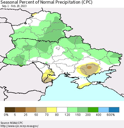 Ukraine, Moldova and Belarus Seasonal Percent of Normal Precipitation (CPC) Thematic Map For 9/1/2022 - 2/20/2023