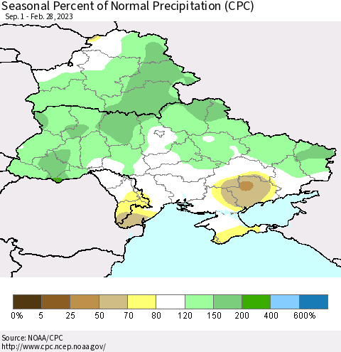 Ukraine, Moldova and Belarus Seasonal Percent of Normal Precipitation (CPC) Thematic Map For 9/1/2022 - 2/28/2023