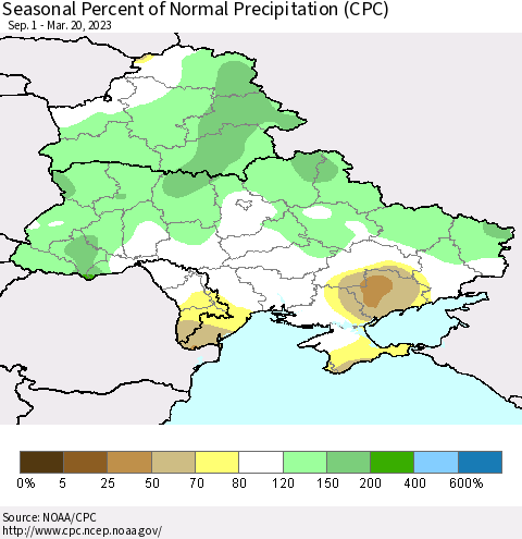 Ukraine, Moldova and Belarus Seasonal Percent of Normal Precipitation (CPC) Thematic Map For 9/1/2022 - 3/20/2023