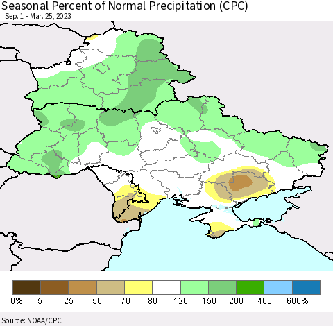 Ukraine, Moldova and Belarus Seasonal Percent of Normal Precipitation (CPC) Thematic Map For 9/1/2022 - 3/25/2023