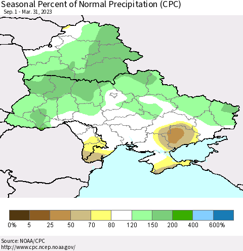 Ukraine, Moldova and Belarus Seasonal Percent of Normal Precipitation (CPC) Thematic Map For 9/1/2022 - 3/31/2023