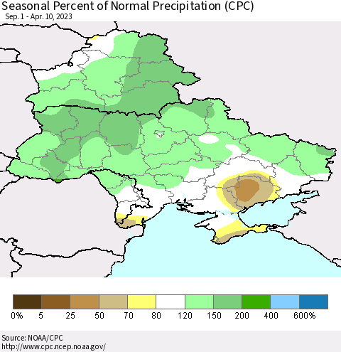 Ukraine, Moldova and Belarus Seasonal Percent of Normal Precipitation (CPC) Thematic Map For 9/1/2022 - 4/10/2023
