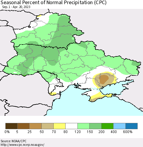 Ukraine, Moldova and Belarus Seasonal Percent of Normal Precipitation (CPC) Thematic Map For 9/1/2022 - 4/20/2023