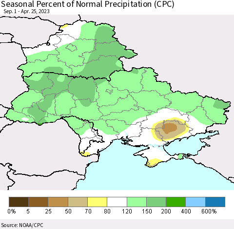 Ukraine, Moldova and Belarus Seasonal Percent of Normal Precipitation (CPC) Thematic Map For 9/1/2022 - 4/25/2023