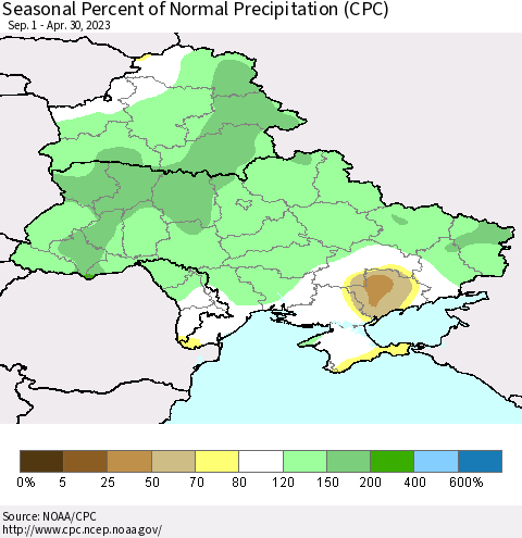 Ukraine, Moldova and Belarus Seasonal Percent of Normal Precipitation (CPC) Thematic Map For 9/1/2022 - 4/30/2023