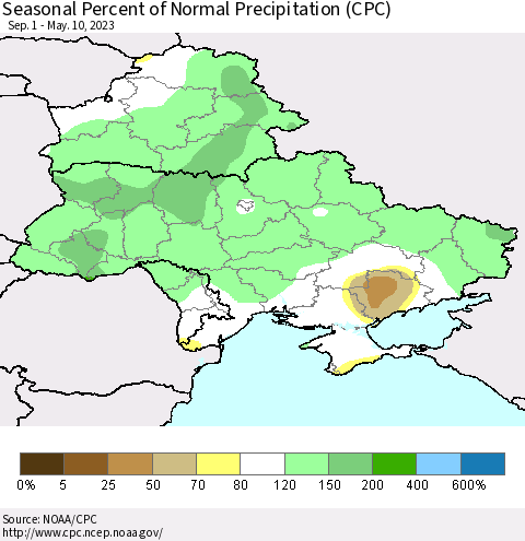 Ukraine, Moldova and Belarus Seasonal Percent of Normal Precipitation (CPC) Thematic Map For 9/1/2022 - 5/10/2023