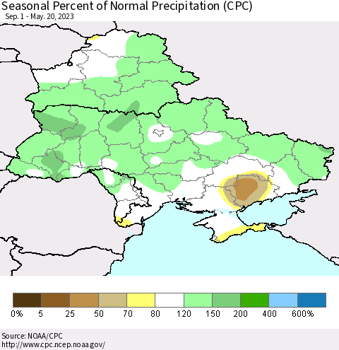 Ukraine, Moldova and Belarus Seasonal Percent of Normal Precipitation (CPC) Thematic Map For 9/1/2022 - 5/20/2023