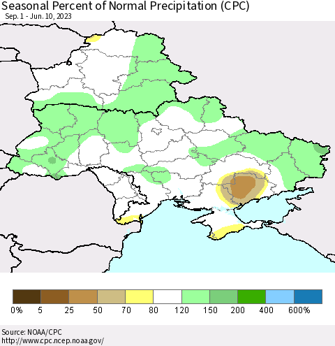 Ukraine, Moldova and Belarus Seasonal Percent of Normal Precipitation (CPC) Thematic Map For 9/1/2022 - 6/10/2023