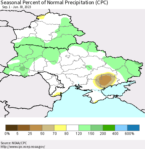Ukraine, Moldova and Belarus Seasonal Percent of Normal Precipitation (CPC) Thematic Map For 9/1/2022 - 6/30/2023