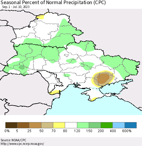 Ukraine, Moldova and Belarus Seasonal Percent of Normal Precipitation (CPC) Thematic Map For 9/1/2022 - 7/10/2023