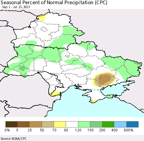 Ukraine, Moldova and Belarus Seasonal Percent of Normal Precipitation (CPC) Thematic Map For 9/1/2022 - 7/15/2023