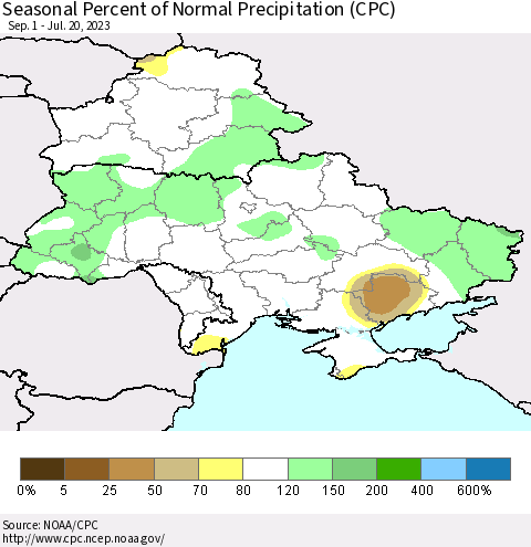 Ukraine, Moldova and Belarus Seasonal Percent of Normal Precipitation (CPC) Thematic Map For 9/1/2022 - 7/20/2023