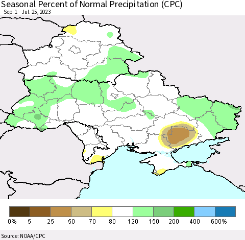 Ukraine, Moldova and Belarus Seasonal Percent of Normal Precipitation (CPC) Thematic Map For 9/1/2022 - 7/25/2023