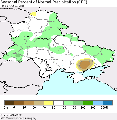 Ukraine, Moldova and Belarus Seasonal Percent of Normal Precipitation (CPC) Thematic Map For 9/1/2022 - 7/31/2023