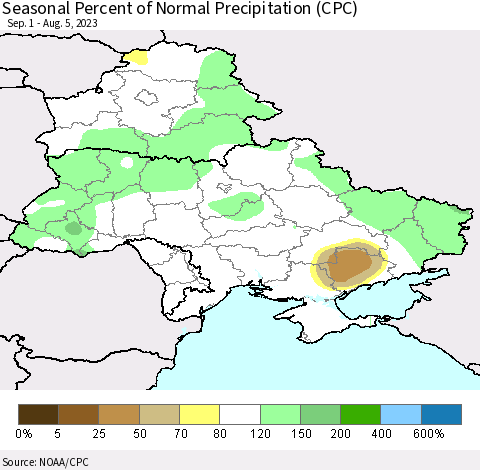 Ukraine, Moldova and Belarus Seasonal Percent of Normal Precipitation (CPC) Thematic Map For 9/1/2022 - 8/5/2023