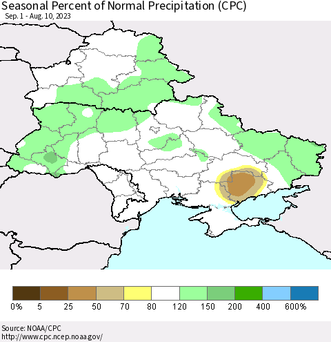Ukraine, Moldova and Belarus Seasonal Percent of Normal Precipitation (CPC) Thematic Map For 9/1/2022 - 8/10/2023