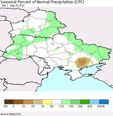Ukraine, Moldova and Belarus Seasonal Percent of Normal Precipitation (CPC) Thematic Map For 9/1/2022 - 8/20/2023