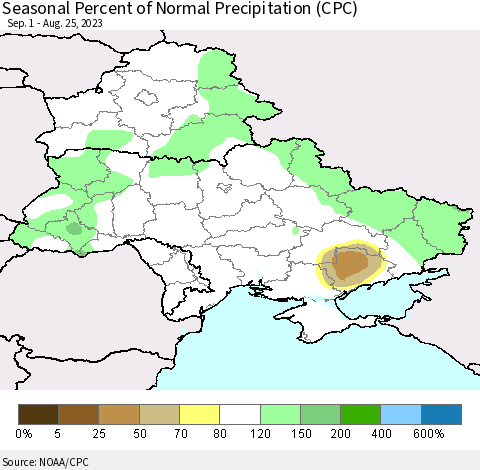 Ukraine, Moldova and Belarus Seasonal Percent of Normal Precipitation (CPC) Thematic Map For 9/1/2022 - 8/25/2023