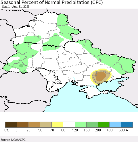 Ukraine, Moldova and Belarus Seasonal Percent of Normal Precipitation (CPC) Thematic Map For 9/1/2022 - 8/31/2023