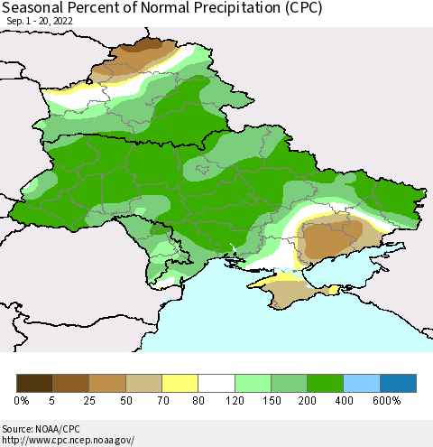 Ukraine, Moldova and Belarus Seasonal Percent of Normal Precipitation (CPC) Thematic Map For 9/1/2022 - 9/20/2022
