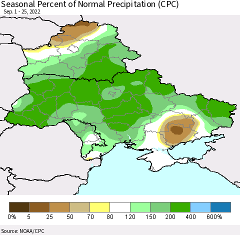 Ukraine, Moldova and Belarus Seasonal Percent of Normal Precipitation (CPC) Thematic Map For 9/1/2022 - 9/25/2022