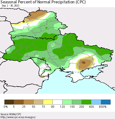 Ukraine, Moldova and Belarus Seasonal Percent of Normal Precipitation (CPC) Thematic Map For 9/1/2022 - 9/30/2022