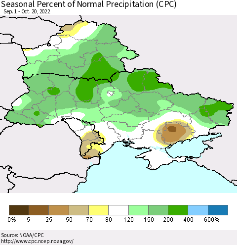 Ukraine, Moldova and Belarus Seasonal Percent of Normal Precipitation (CPC) Thematic Map For 9/1/2022 - 10/20/2022