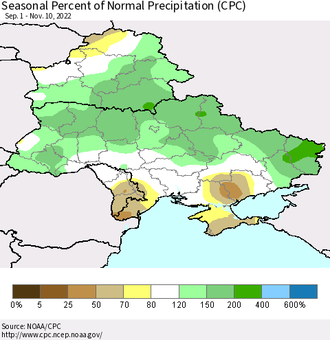 Ukraine, Moldova and Belarus Seasonal Percent of Normal Precipitation (CPC) Thematic Map For 9/1/2022 - 11/10/2022