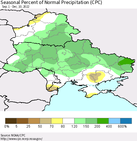 Ukraine, Moldova and Belarus Seasonal Percent of Normal Precipitation (CPC) Thematic Map For 9/1/2022 - 12/10/2022