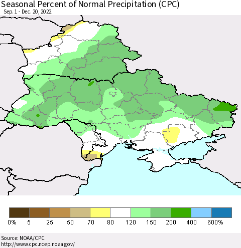 Ukraine, Moldova and Belarus Seasonal Percent of Normal Precipitation (CPC) Thematic Map For 9/1/2022 - 12/20/2022