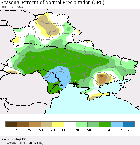 Ukraine, Moldova and Belarus Seasonal Percent of Normal Precipitation (CPC) Thematic Map For 4/1/2023 - 4/20/2023