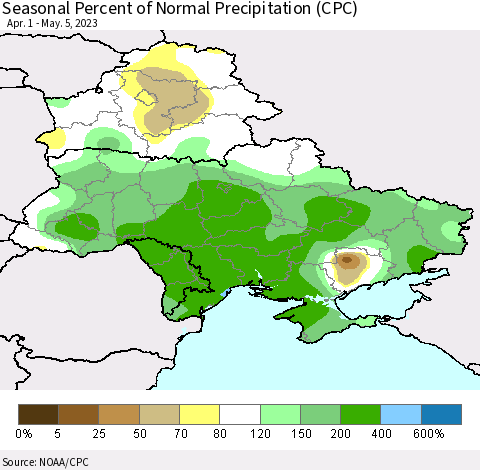 Ukraine, Moldova and Belarus Seasonal Percent of Normal Precipitation (CPC) Thematic Map For 4/1/2023 - 5/5/2023