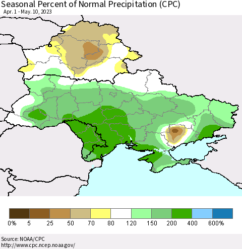 Ukraine, Moldova and Belarus Seasonal Percent of Normal Precipitation (CPC) Thematic Map For 4/1/2023 - 5/10/2023