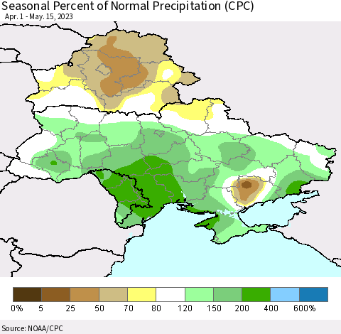 Ukraine, Moldova and Belarus Seasonal Percent of Normal Precipitation (CPC) Thematic Map For 4/1/2023 - 5/15/2023