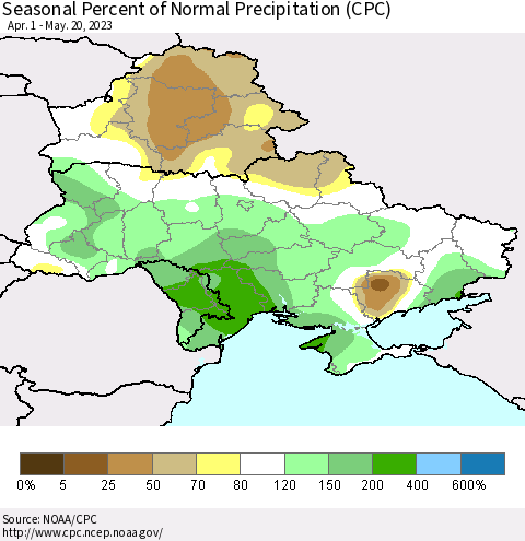 Ukraine, Moldova and Belarus Seasonal Percent of Normal Precipitation (CPC) Thematic Map For 4/1/2023 - 5/20/2023