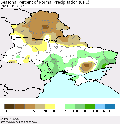 Ukraine, Moldova and Belarus Seasonal Percent of Normal Precipitation (CPC) Thematic Map For 4/1/2023 - 6/10/2023