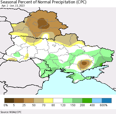 Ukraine, Moldova and Belarus Seasonal Percent of Normal Precipitation (CPC) Thematic Map For 4/1/2023 - 6/15/2023