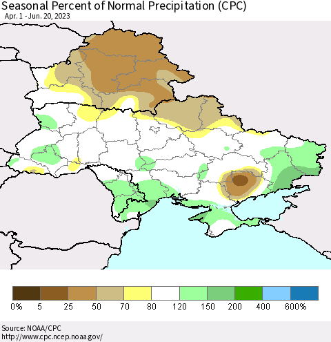 Ukraine, Moldova and Belarus Seasonal Percent of Normal Precipitation (CPC) Thematic Map For 4/1/2023 - 6/20/2023