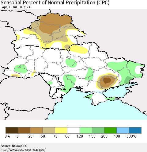 Ukraine, Moldova and Belarus Seasonal Percent of Normal Precipitation (CPC) Thematic Map For 4/1/2023 - 7/10/2023