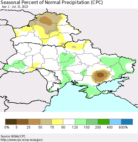 Ukraine, Moldova and Belarus Seasonal Percent of Normal Precipitation (CPC) Thematic Map For 4/1/2023 - 7/31/2023