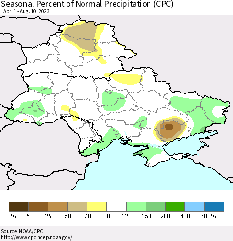 Ukraine, Moldova and Belarus Seasonal Percent of Normal Precipitation (CPC) Thematic Map For 4/1/2023 - 8/10/2023