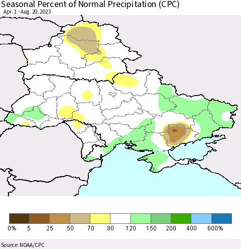 Ukraine, Moldova and Belarus Seasonal Percent of Normal Precipitation (CPC) Thematic Map For 4/1/2023 - 8/20/2023