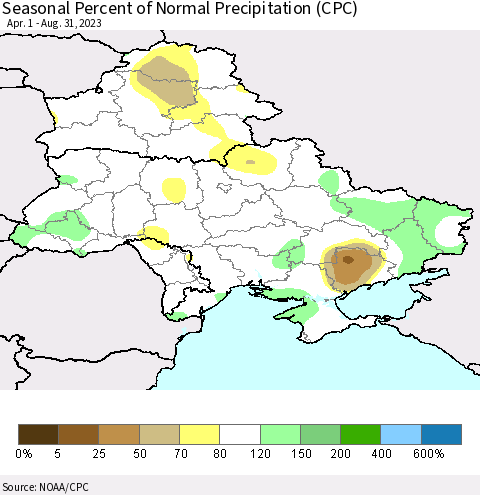 Ukraine, Moldova and Belarus Seasonal Percent of Normal Precipitation (CPC) Thematic Map For 4/1/2023 - 8/31/2023