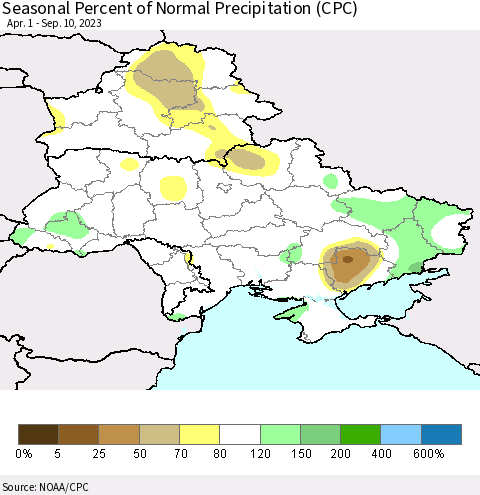 Ukraine, Moldova and Belarus Seasonal Percent of Normal Precipitation (CPC) Thematic Map For 4/1/2023 - 9/10/2023