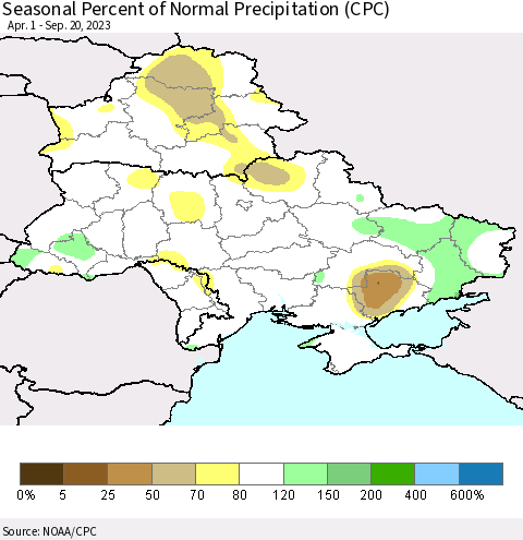 Ukraine, Moldova and Belarus Seasonal Percent of Normal Precipitation (CPC) Thematic Map For 4/1/2023 - 9/20/2023