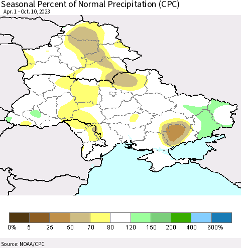 Ukraine, Moldova and Belarus Seasonal Percent of Normal Precipitation (CPC) Thematic Map For 4/1/2023 - 10/10/2023
