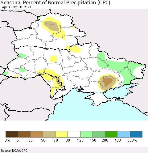 Ukraine, Moldova and Belarus Seasonal Percent of Normal Precipitation (CPC) Thematic Map For 4/1/2023 - 10/31/2023