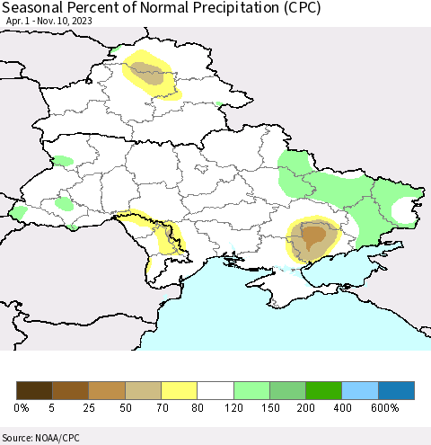 Ukraine, Moldova and Belarus Seasonal Percent of Normal Precipitation (CPC) Thematic Map For 4/1/2023 - 11/10/2023